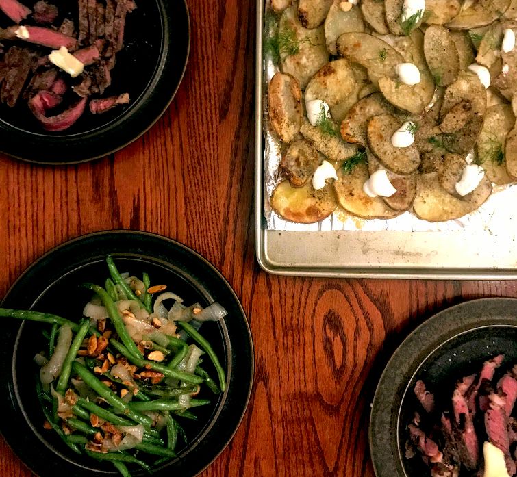 steak, haricot vert amandine, roasted potatoes