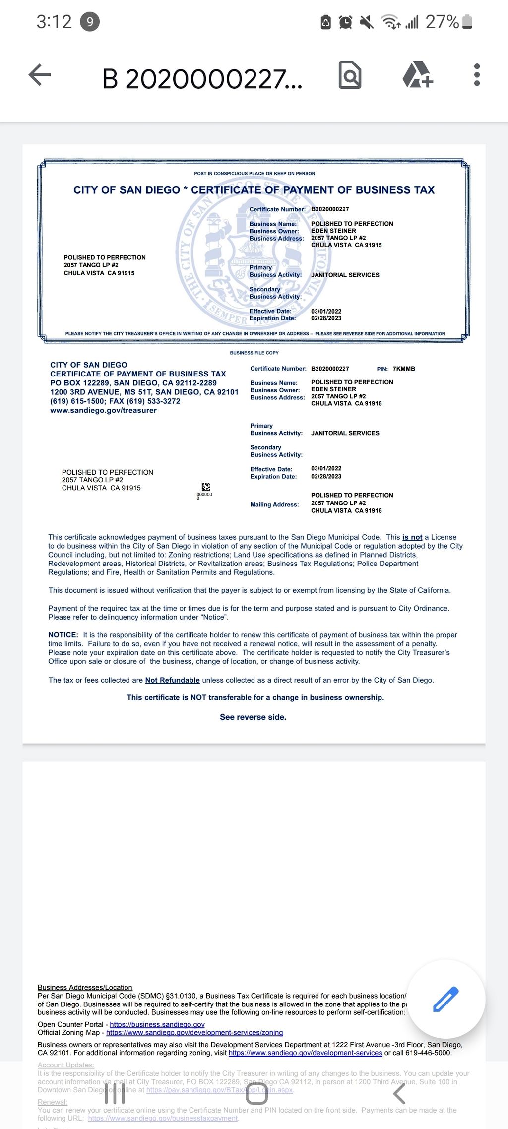 Screen Shot of Business License 