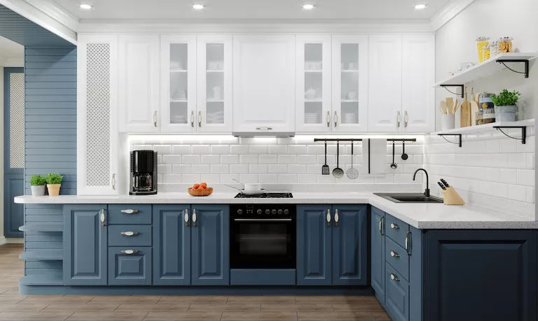 kitchen with dark blue and white cabinets 