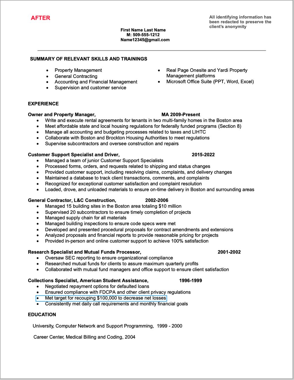 Resume after revision and reformatting