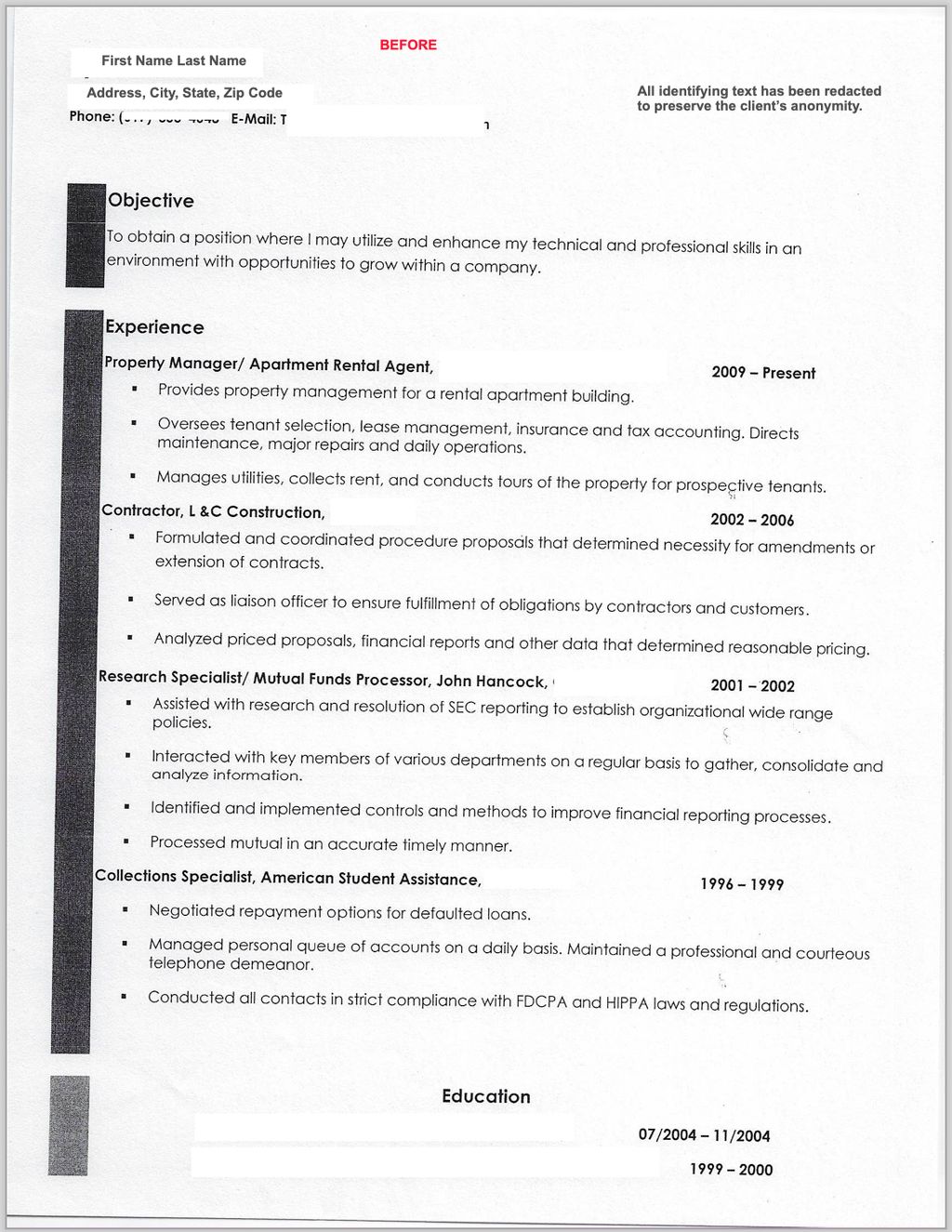 Resume before revision and formatting