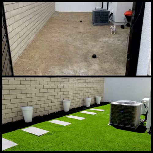 install synthetic turf, new drains, planter and st