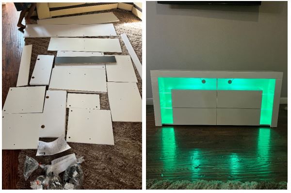 Before and after of a tv stand assembly.