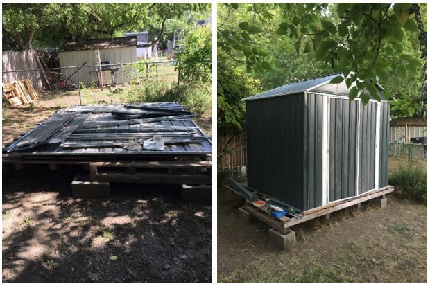 Before and after of a shed assembly.