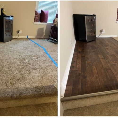 Before and after of a vinyl floor installation.