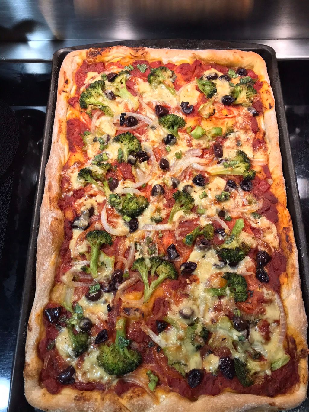 Broccoli black olive and red onion pizza.  Fresh o