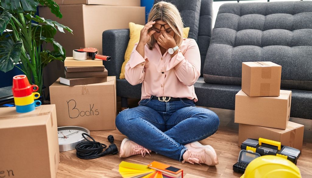 woman feeling stressed with moving boxes