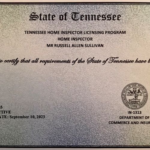 STATE OF TENNESSEE HOME INSPECTOR LICENSE