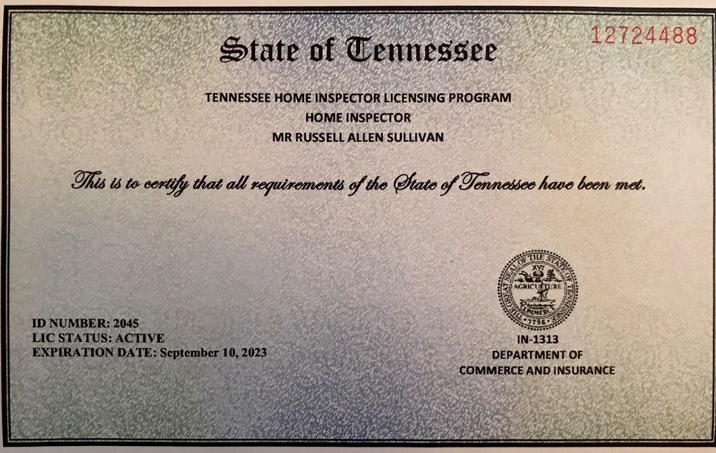 STATE OF TENNESSEE HOME INSPECTOR LICENSE