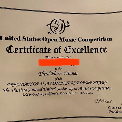 US Open Music Competition 3rd Place 