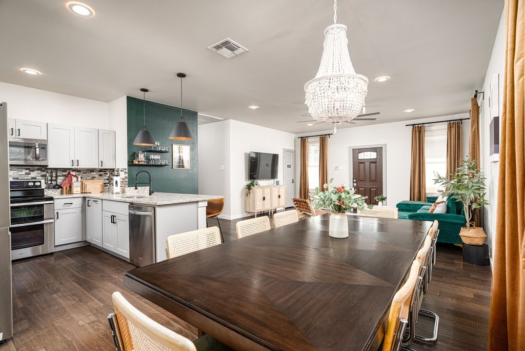 Lighting installation, accent wall paint and decor
