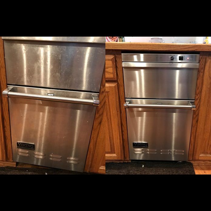 Before and after photo of wiping down a stainless 