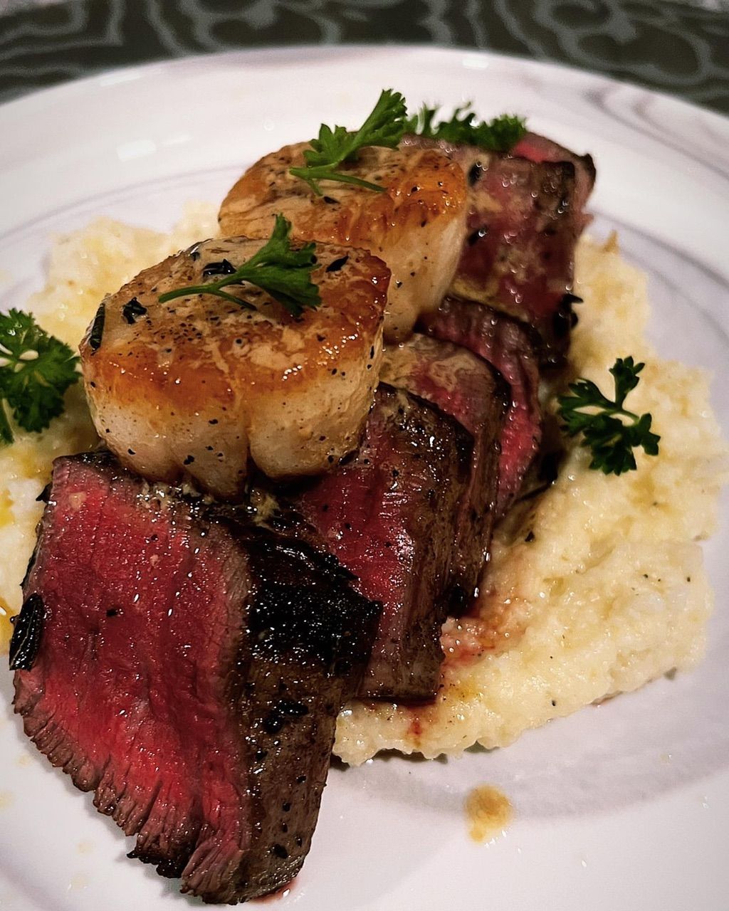 Seared Scallops, Filet Mignon, Parmesan- Gouda Gri