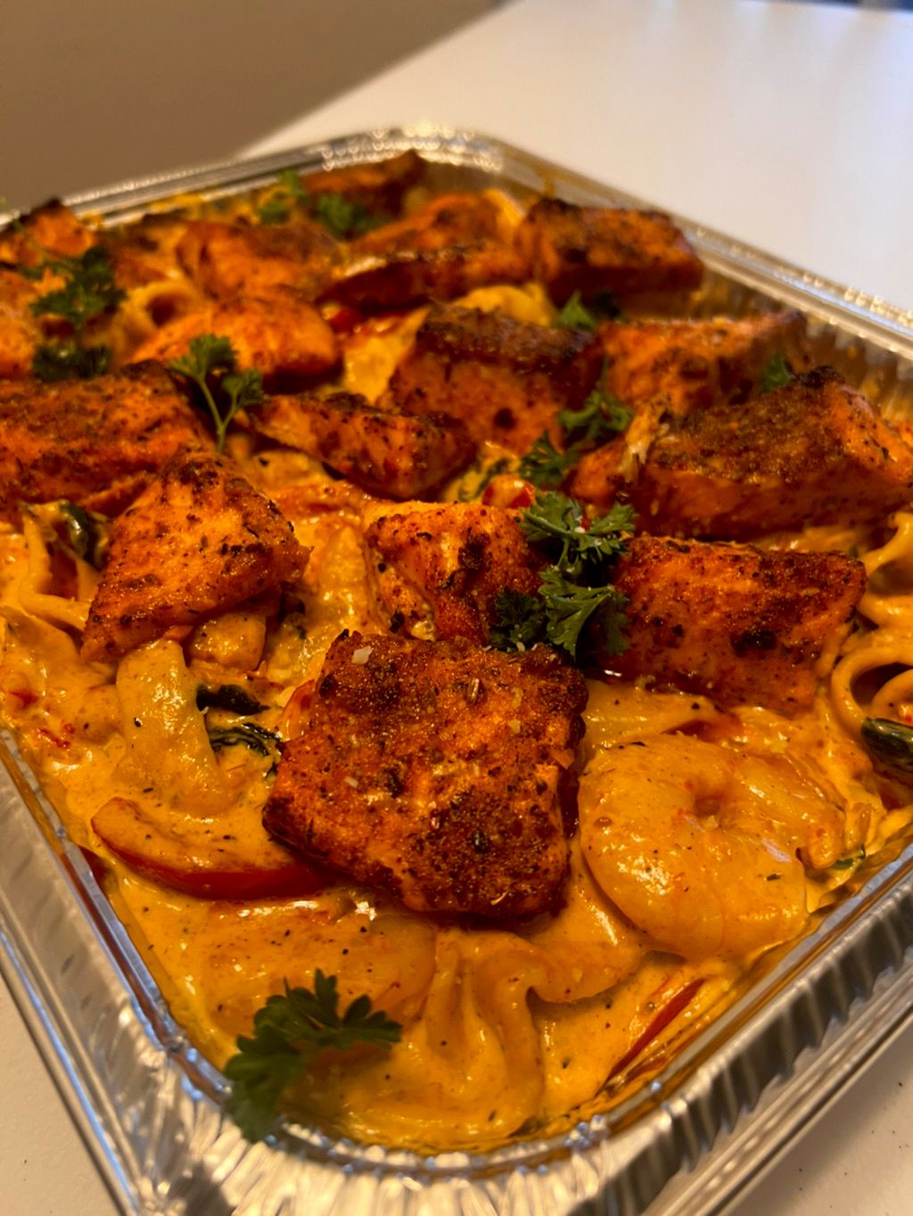 Cajun Seafood Alfredo (salmon, shrimp, crawfish)  