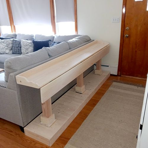 Custom built sofa table with drop leaf and power r