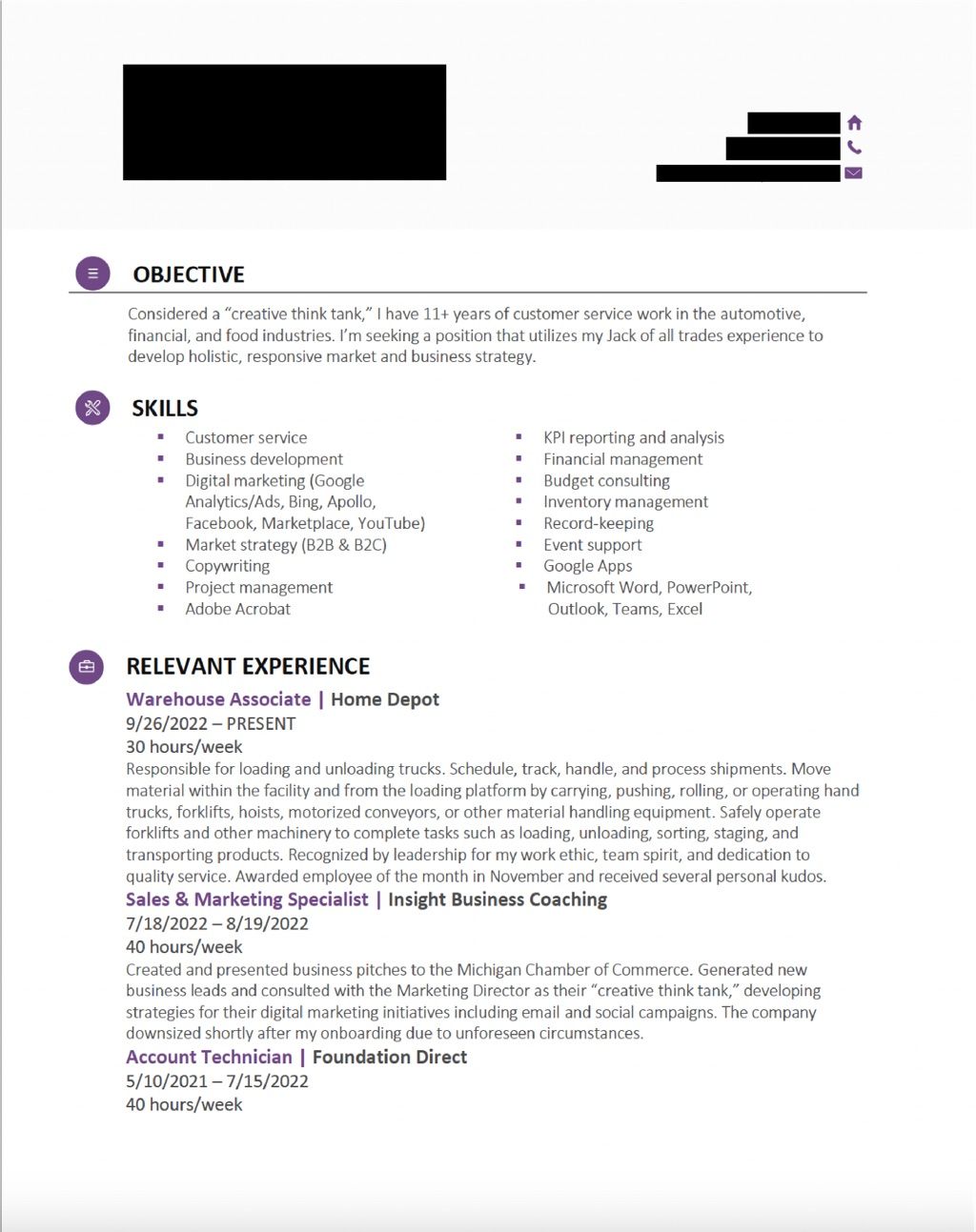 This client pursued a career in marketing and busi
