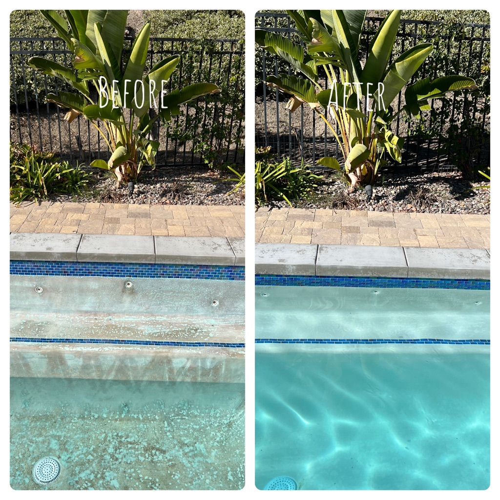  Before and after pictures of cleaning a pool and 