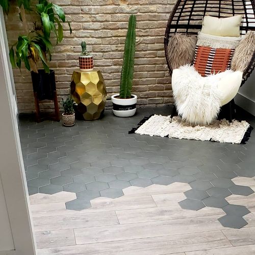 Sun Room tile floors with hexagon tile bleed out