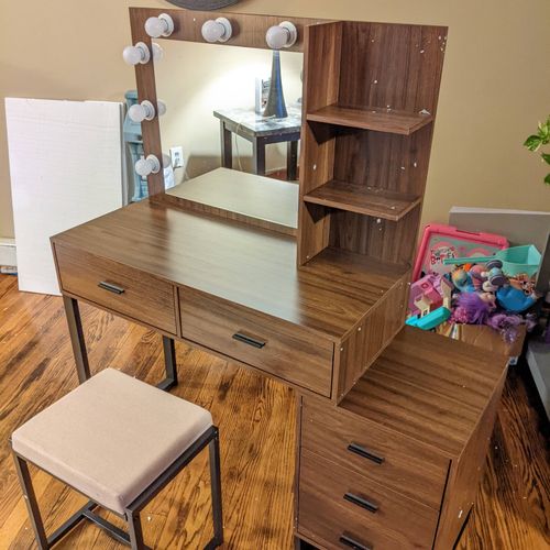 Vanity set with lighted mirror plus bench assembly