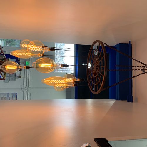 It took to make a custom chandelier and hang it.  