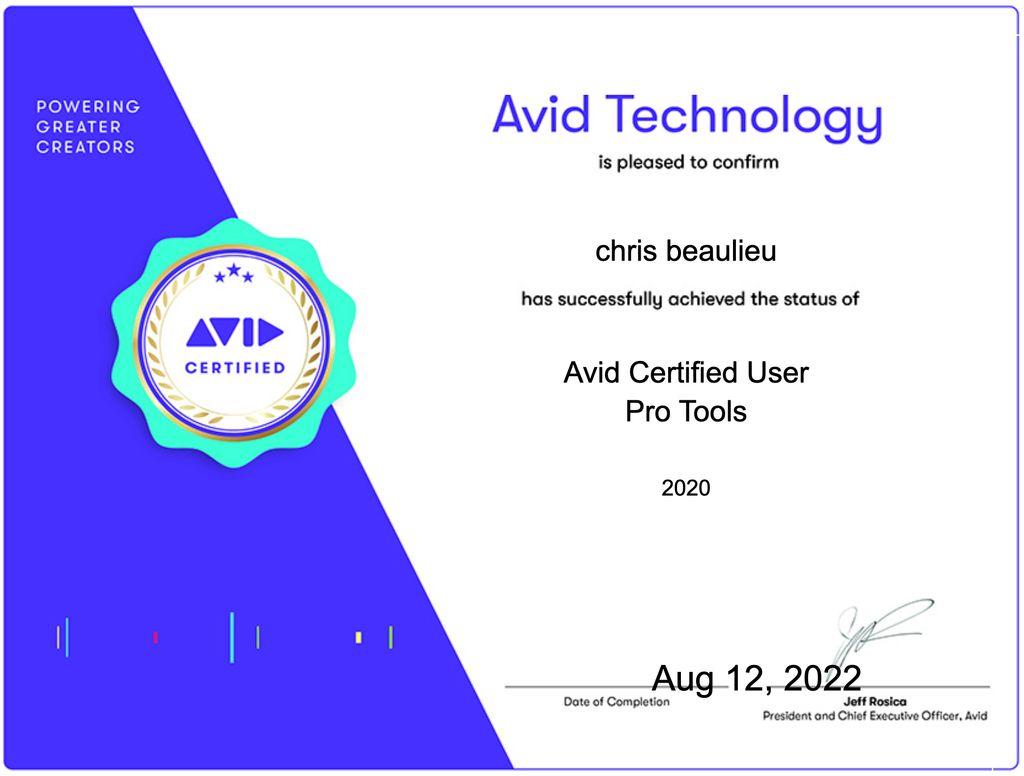 Chris Beaulieu is a certified Pro Tools Level 100 