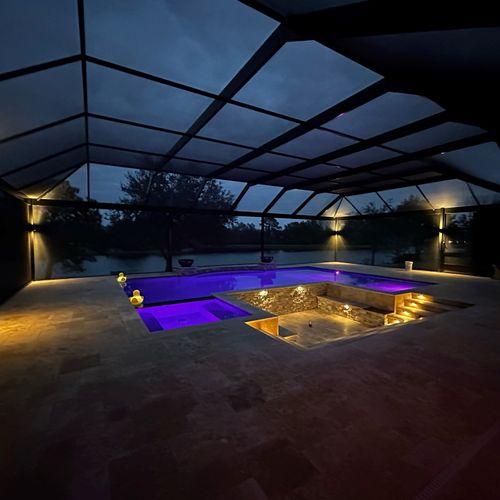 Pool enclosure white lighting.