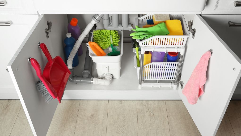 open kitchen cabinet with cleaning supplies underneath sink