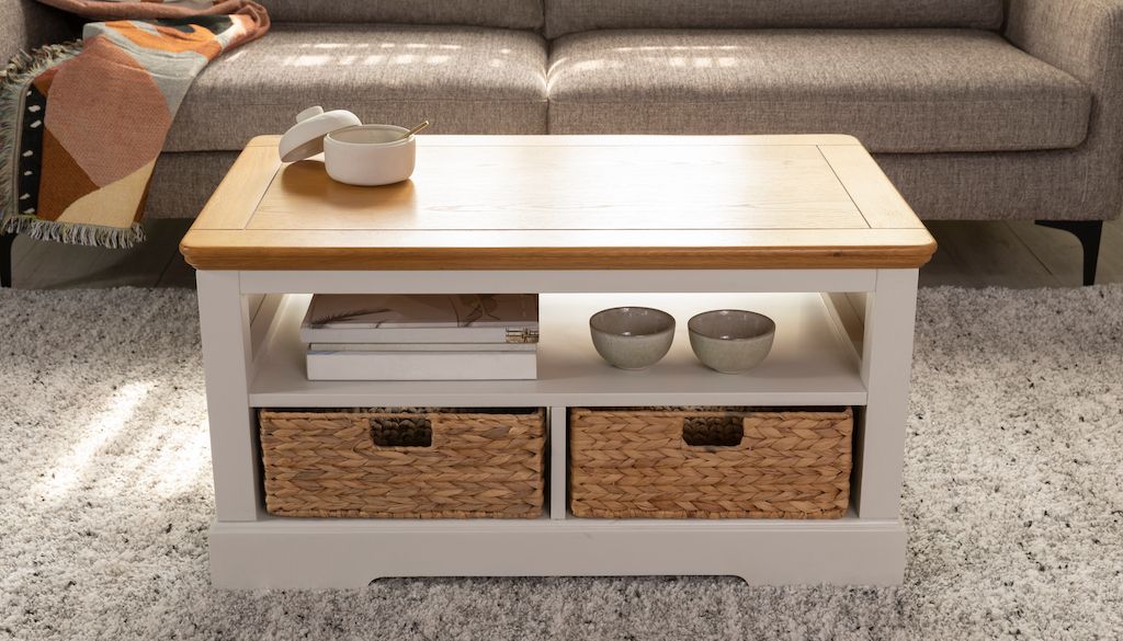 coffee table with storage baskets underneaths