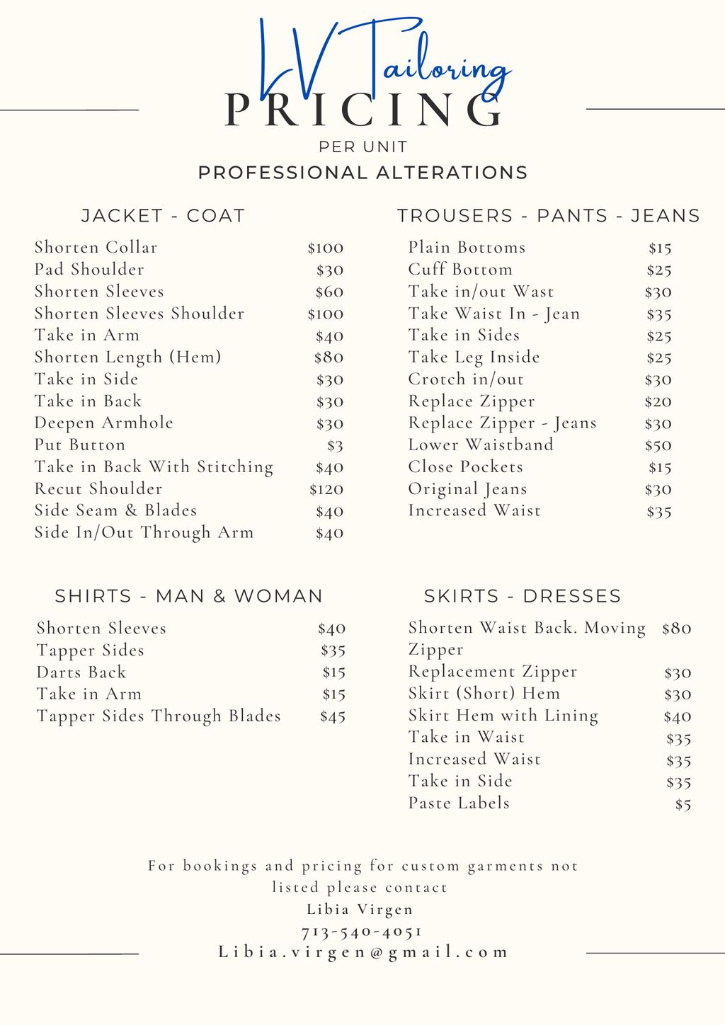 Pricing list