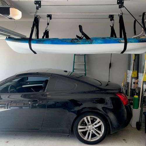 Kayak pulleys are mounted in the garage and we hav