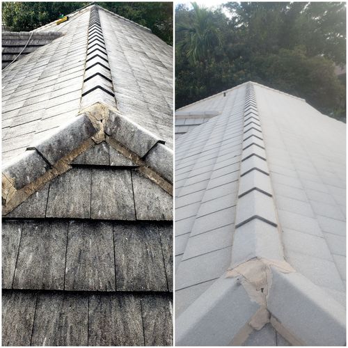 Before and after picture of Roof Cleaning.