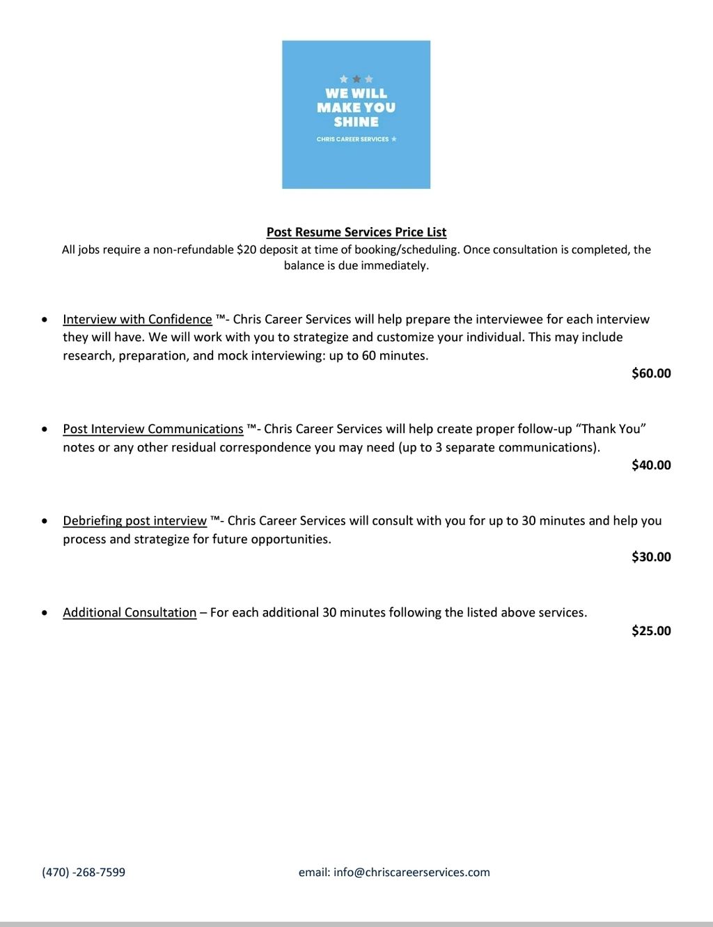 Post Resume Services Price List
