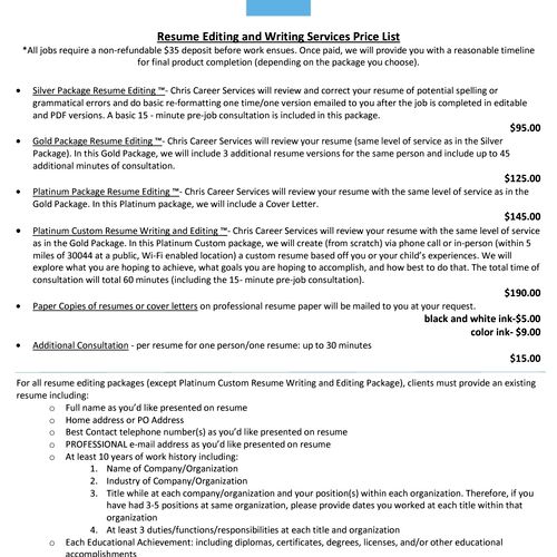 Resume Editing and Writing Services Price List
