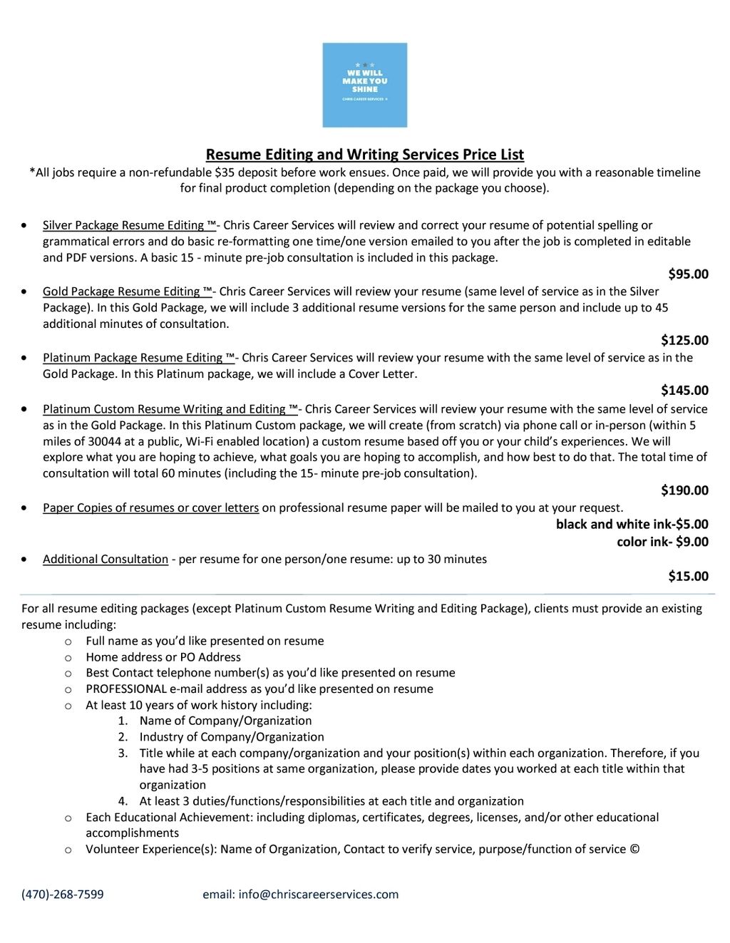Resume Editing and Writing Services Price List