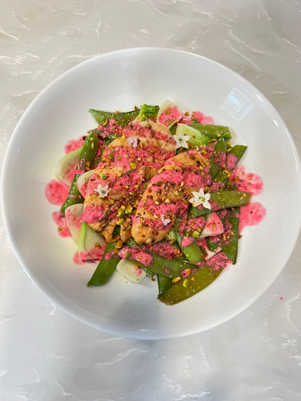 Roasted chicken with bok choy and snow peas and a 