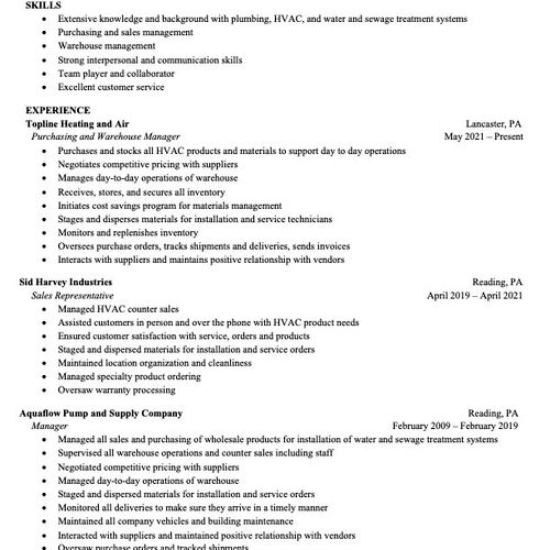 Resume sample for skilled labor management job pg 