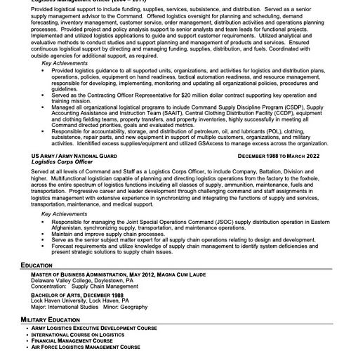 Resume for long military career transitioning to c