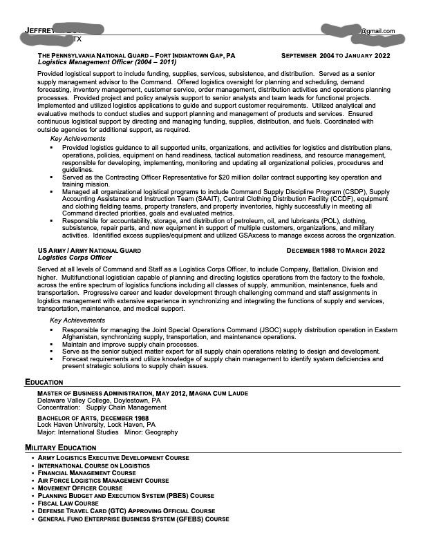 Resume for long military career transitioning to c