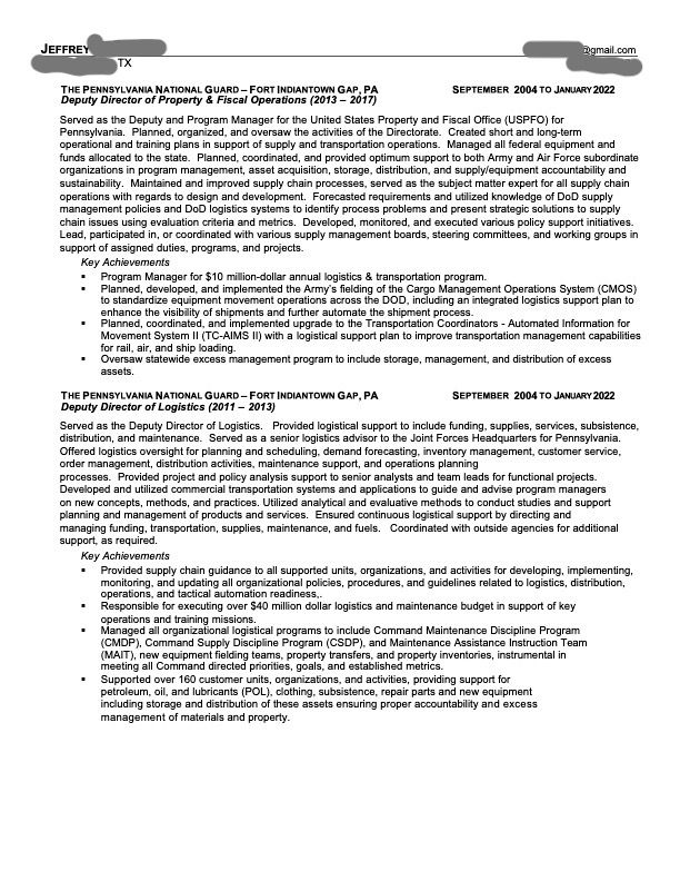Resume for long military career transitioning to c