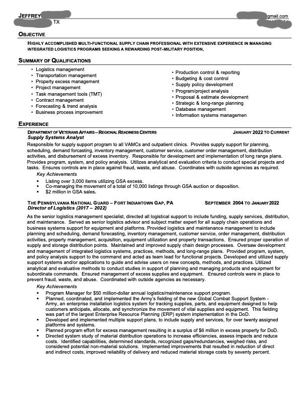 Resume for long military career transitioning to c