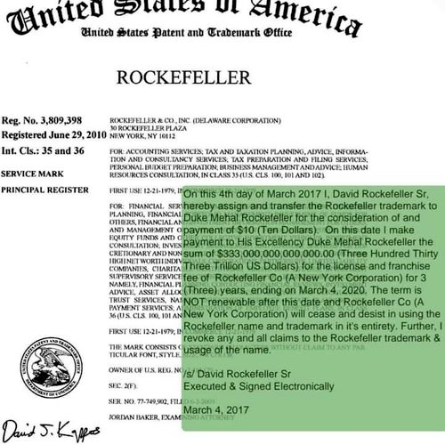 Rockefeller trademark ™️ assignment to DUKE MEHAL 