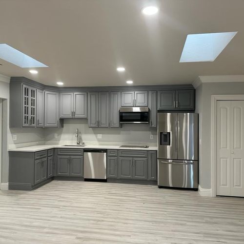 "The gray color gives the kitchen an elegant look.