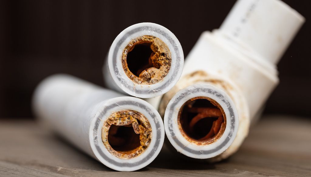 rust and limescale buildup in pipes caused by hard water 