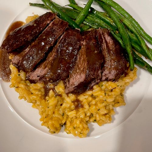 Curried Risotto. Braised Beef. Garlic Green Beans