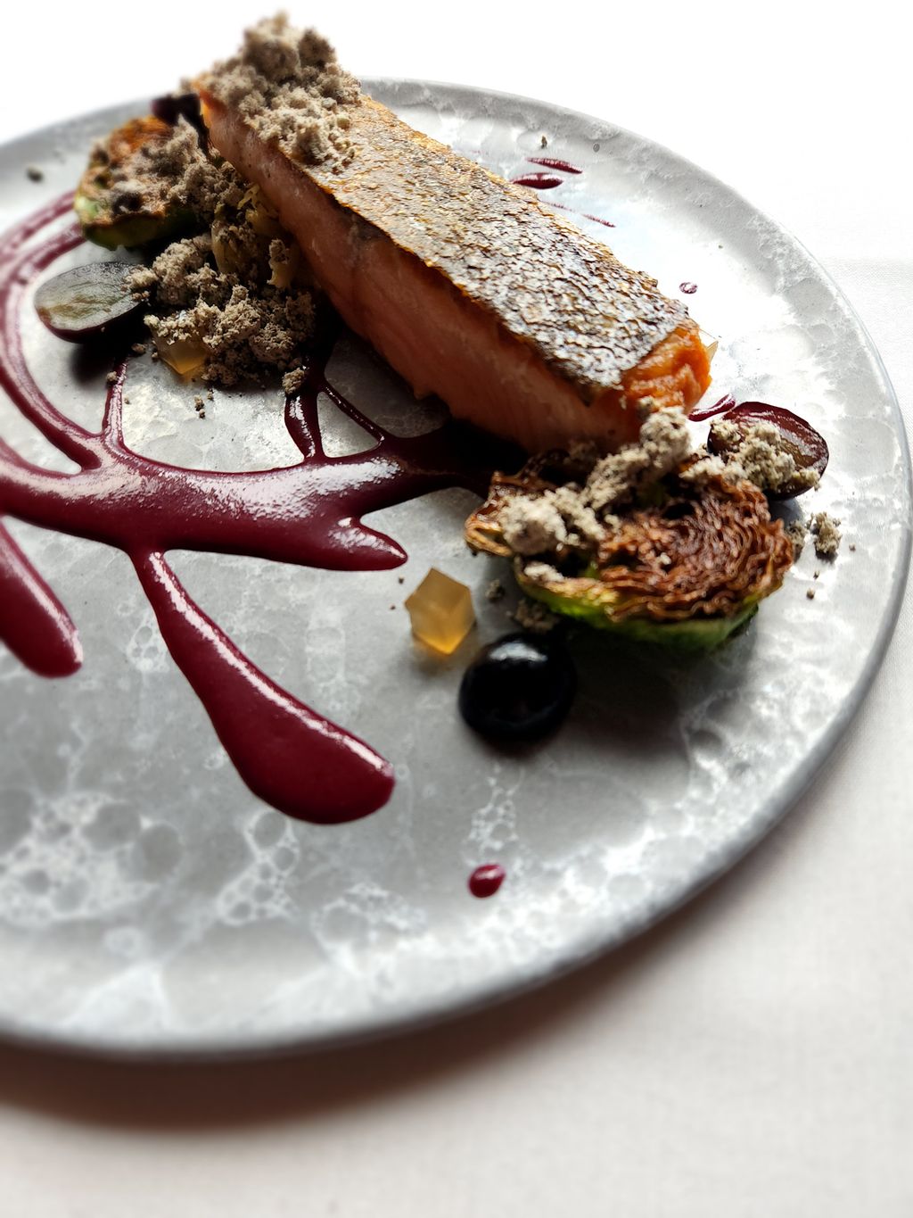 Salmon: Spiced Grape, Brussels Sprouts, Olives