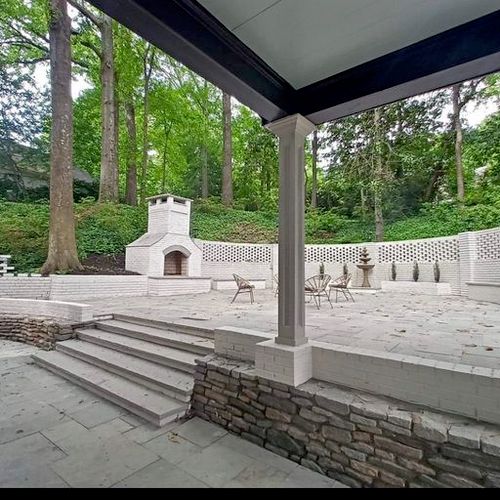 fireplace, brick patio, hardscape