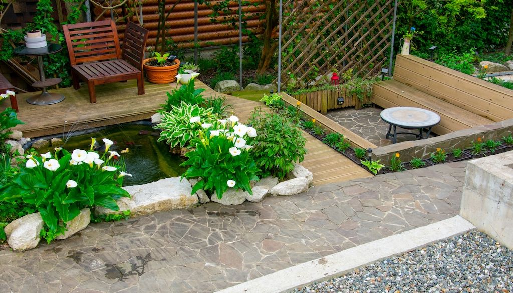 small backyard with garden and sitting area