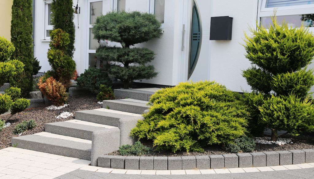 neatly trimmed trees and bushes in front of house