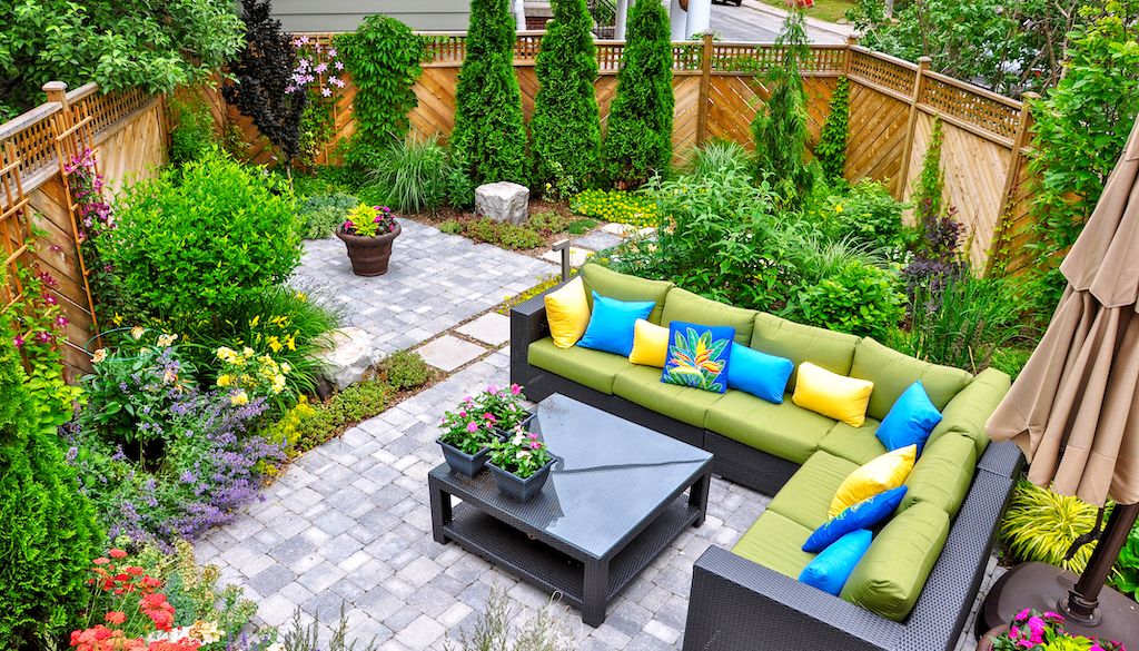 small colorful backyard patio landscape