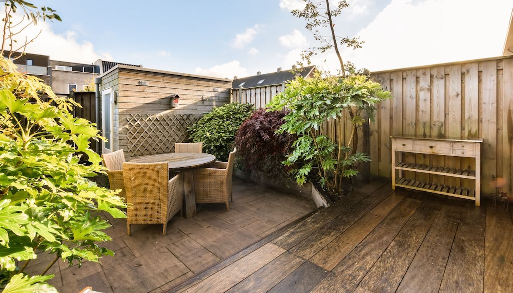 wooden patio in backyard